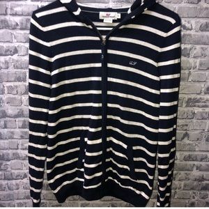 Vineyard Vines Cotton and Cashmere Navy Stripe, Zip up With hood Sweater.